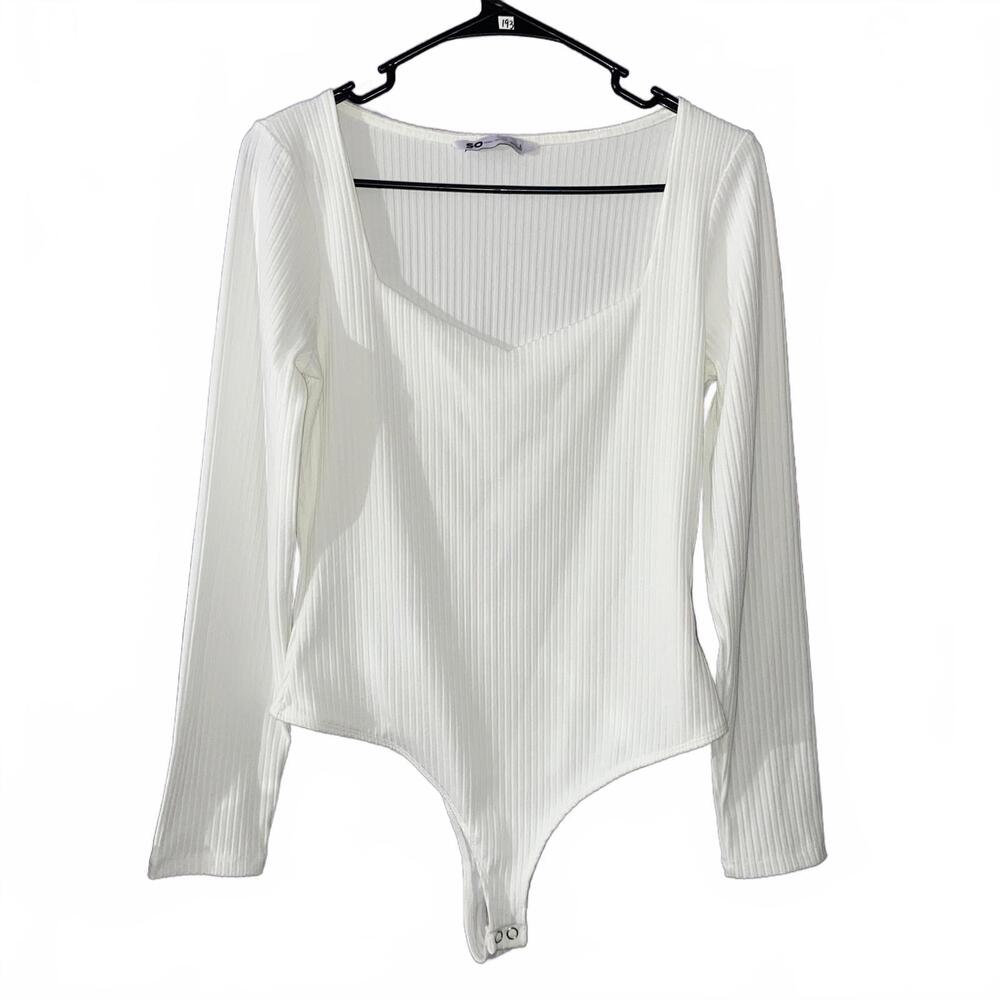 SO White Ribbed Long Sleeve Bodysuit Womens L Square Neck Minimalist NWOT
